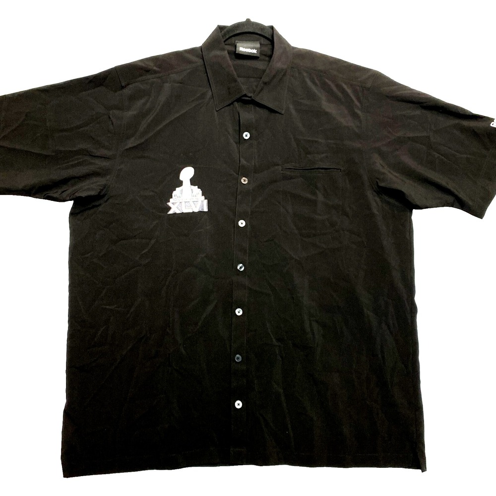 Super Bowl XLVI Shirt Mens XL Black Short Sleeve Reebok Button Up
